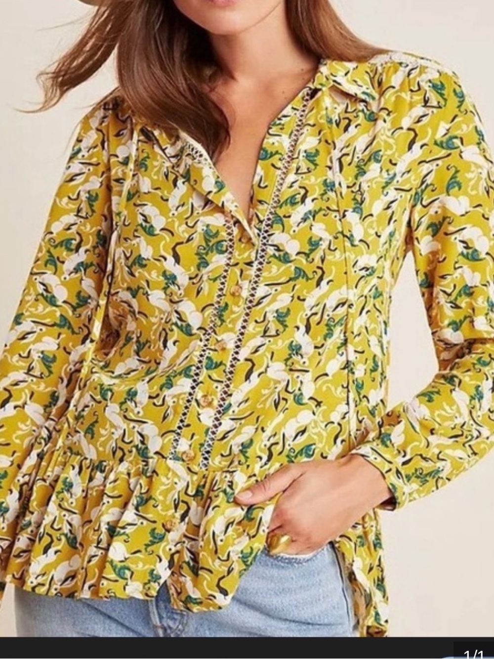 Maeve Anthropologie Yellow Floral Peplum Button-Front Long Sleeve Lace Inlet Top
